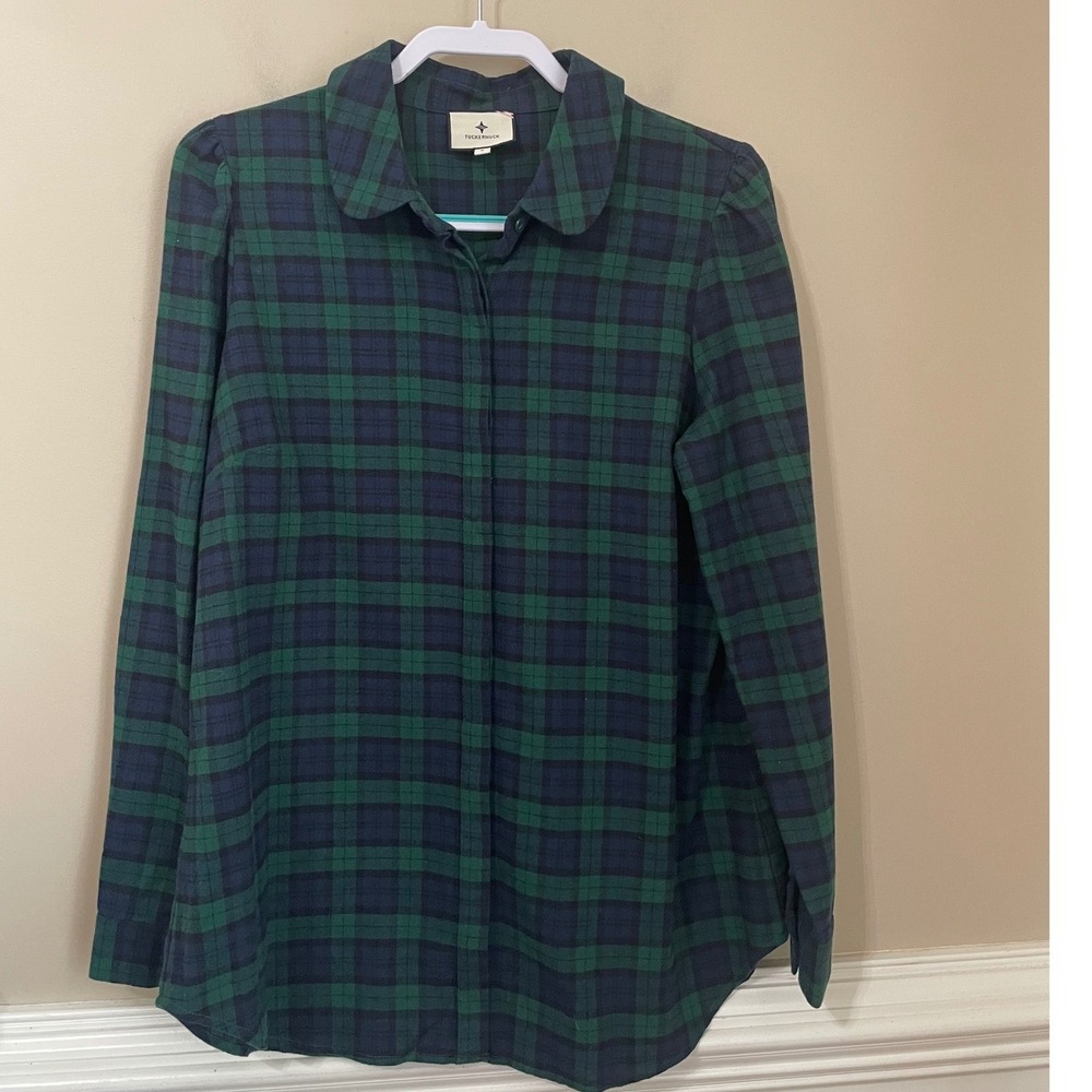 Tuckernuck Size L Green Navy Black Watch Plaid Flannel Peter Pan Collar Shirt